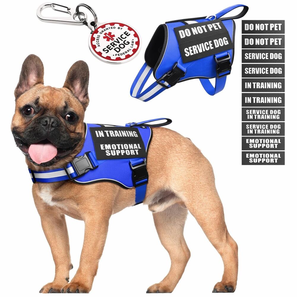 MOOGROU Service Dog Vest Harness Small Blue Reflective with 10 Patches & ID Tag